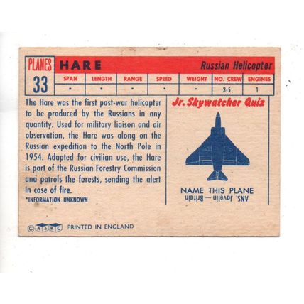 A & B.C. GUM PLANES 88 X 64mm 1958 No.33 HARE RUSSIAN HELICOPTER