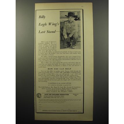 1955 Save the Children Federation Ad - Billy Eagle Wing's Last Stand