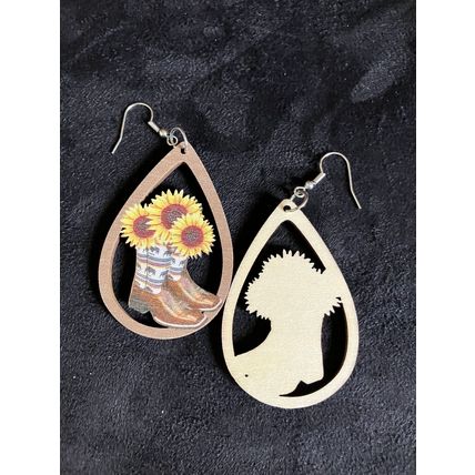 EARRINGS Cowboy Boots Sunflower Dangle Earrings Wooden #699