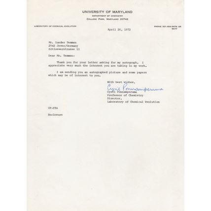 Cyril Ponnamperuma NASA Scientist 1972 TLS Hand Signed Letter