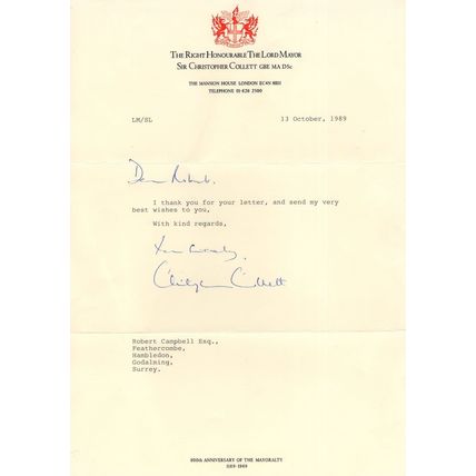 Sir Christopher Collett 1980s London Mayor Official Hand Signed Letter