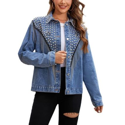 Fashion Versatile Cowboy Coat for Women Heavy Industry Rivet Tassel Short