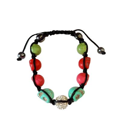 Skull Bracelet Woman Beads Adjustable Black Cord Steel Skull Biker Costume A57
