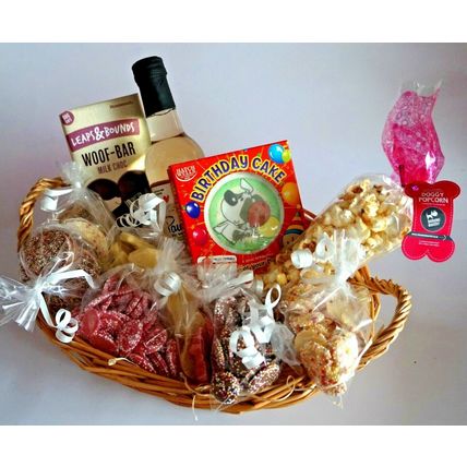 GIFT WRAPPED DOG BIRTHDAY HAMPER WITH BIRTHDAY CAKE CHOCOLATES WINE & POPCORN