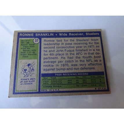 1972 Topps Football Card # 037 Ronnie Shanklin Very Good (3) Pittsburgh Steelers