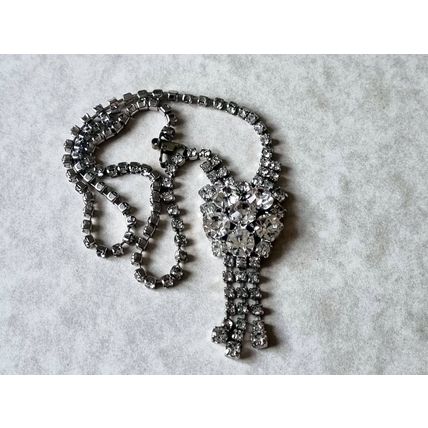Rhinestone Cascade Necklace, Vintage Silver Tone Glamour, Cluster Pendant Drop