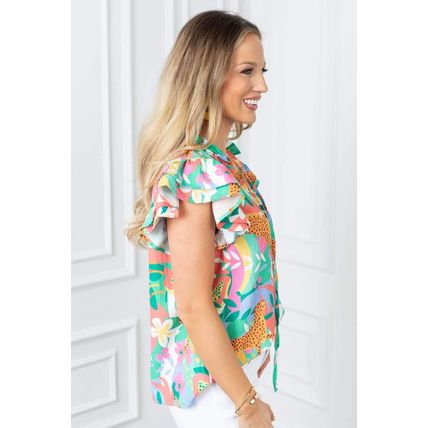 Green Frilly Ruffle Tie Split Neck Summer Floral Blouse