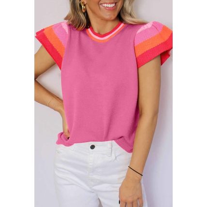 Bright Pink Contrast Flutter Sleeves Knitted Sweater T Shirt