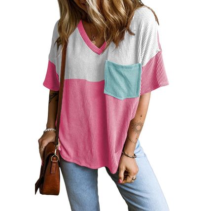 Rose Red Color Block Patch Pocket Corded V Neck Tee