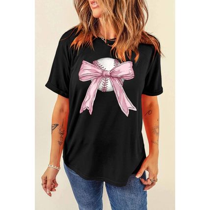 Black Baseball Bow Knot Print Round Neck T Shirt