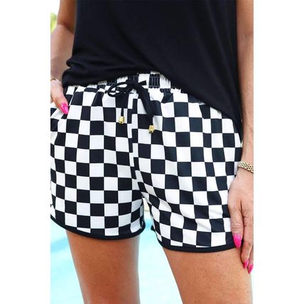 Black Checkered Drawstring Elastic Waist Casual Shorts