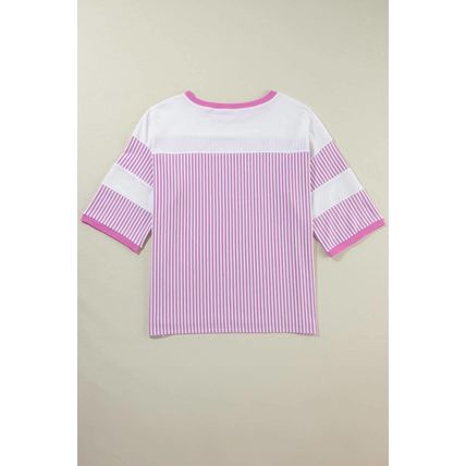 Pink Stripe Patchwork Bracelet Sleeve Plus Size T Shirt