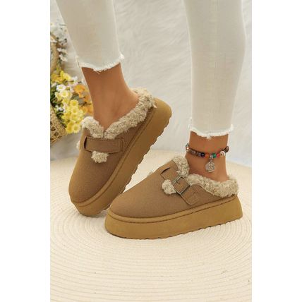 Brown Plush Patched Buckle Decor Thick Sole Thermal Slippers
