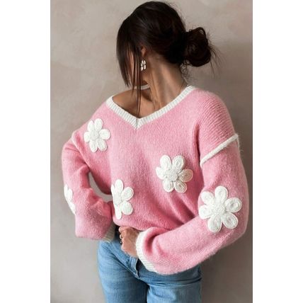 Pink Flower V Neck Dropped Shoulder Sweater