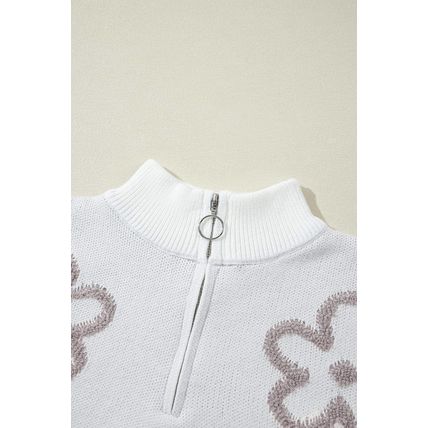 White Contrast Flower Half Zipper Stand Neck Sweater