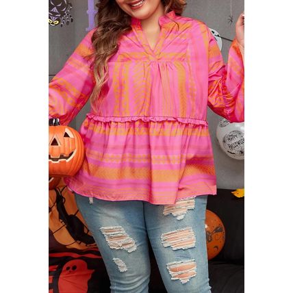 Vitality Orange Plus Size Geometric Embroidered Bell Sleeve Babydoll Blouse