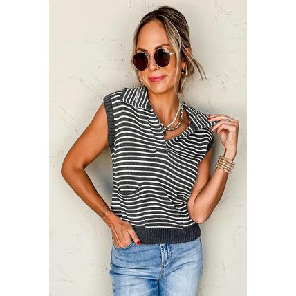 Gray Stripe Collared V Neck Sweater Vest with Pockets