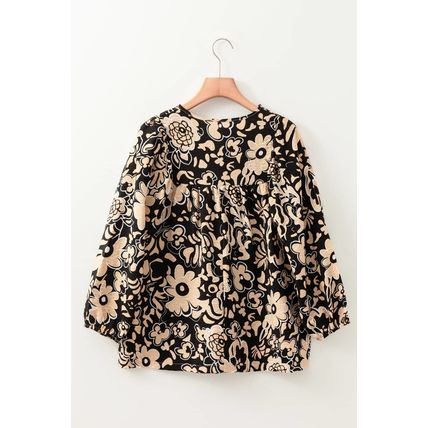 Black Floral Shirred Yoke Bracelet Sleeve Split Neck Boho Blouse