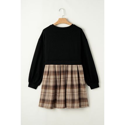 Black Plaid Patchwork High Waist Sweatshirt Mini Dress