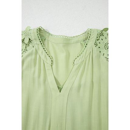 Laurel Green Floral Crochet Short Sleeve Notch V Neck Tiered Plus Size Mini Dres