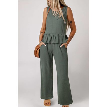 Duffel Green Solid Color Ribbed Ruffle Tank Top and Pants Set