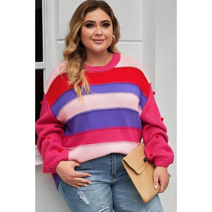 Pink Plus Size Striped Knit Pompom Puff Sleeve Sweater