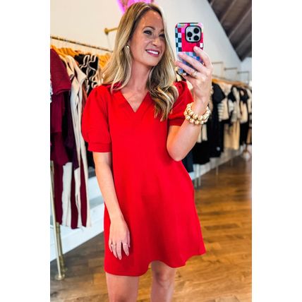Fiery Red Textured Collared V Neck Puff Short Sleeve Shift Mini Dress