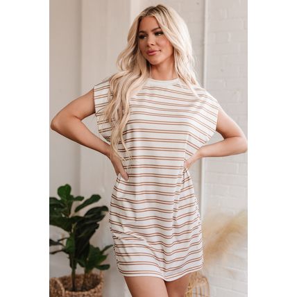 Khaki Stripe Round Neck Sleeveless Casual Pocketed Mini Dress