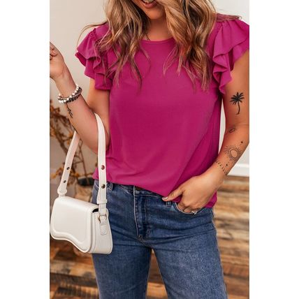 Rose Red Short Ruffle Sleeve Round Neck Blouse