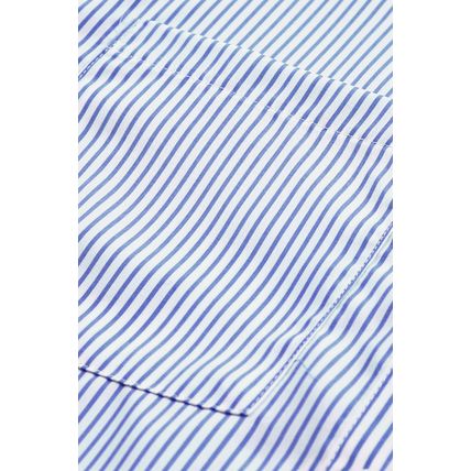 Blue Stripe Smocked Cuffed Striped Boyfriend Shirt with Pocket