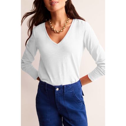 White Solid Color V Neck Long Sleeve Stretchy Top