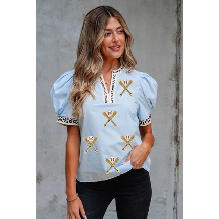 Beau Blue Sequin Baseball Set Contrast Leopard Trim Short Puff Sleeve Blouse