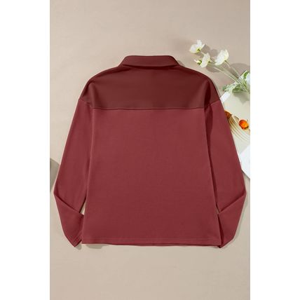 Red Dahlia Solid Color Long Sleeve Thermal Knit Polo Collar Patchwork Top