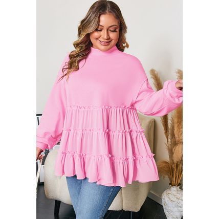 Pink Tiered Ruffle Ribbed Crew Neck Pullover Plus Size Top