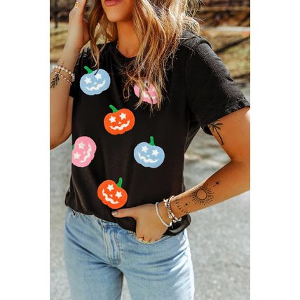 Black Chenille Pumpkin Patched Playful Halloween T Shirt
