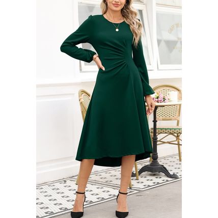 Blackish Green Solid Color Ruched Detail Long Sleeve Midi Dress