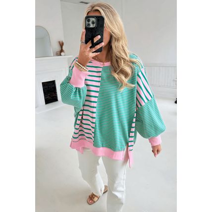 Green Stripe Mix Pattern Color Block Patchwork Side Slit Baggy Sweatshirt