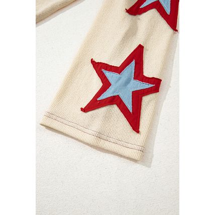 Beige USA Star Contrast Patchwork Exposed Seam Long Sleeve Top