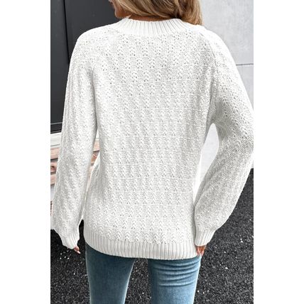 White Textured Knit Ribbed Edge V Neck Loose Sweater