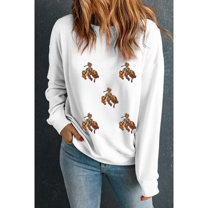 White Sequin Rodeo Patched Drop Shoulder Sweatshirt