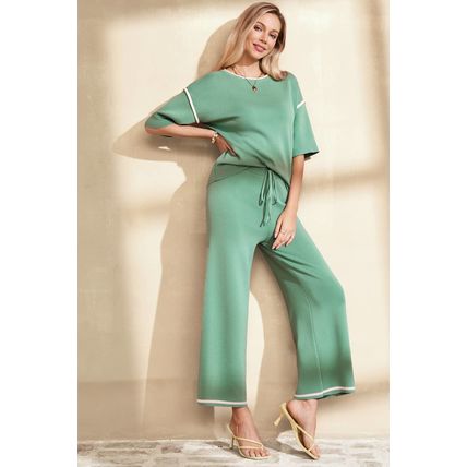 Canton Contrast Trim Half Sleeve Top Drawstring Pants Loose 2pcs Sweater Suit