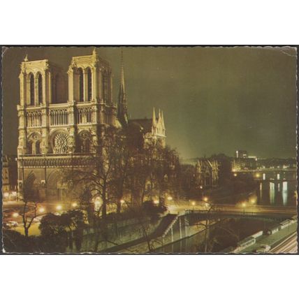 La Cathédrale Notre-Dame de Paris, Illuminée, La Nuit, 1967 - Lyna CPSM