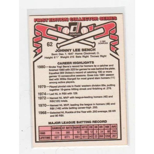 1981 Donruss Johnny Bench baseball card #62 – HOF Reds
