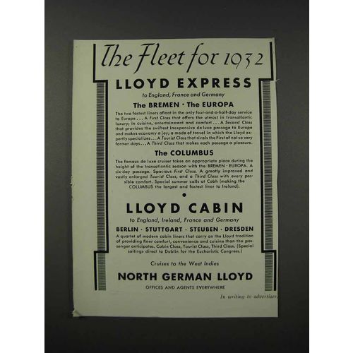 1932 North German Lloyd Cruises Ad - The Fleet