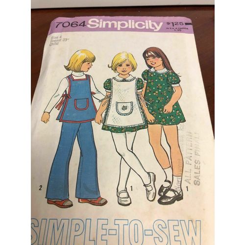 Simplicity 7064 Girl's Dress, Apron Pinafore & Pants Pattern - Size 4 Chest 23