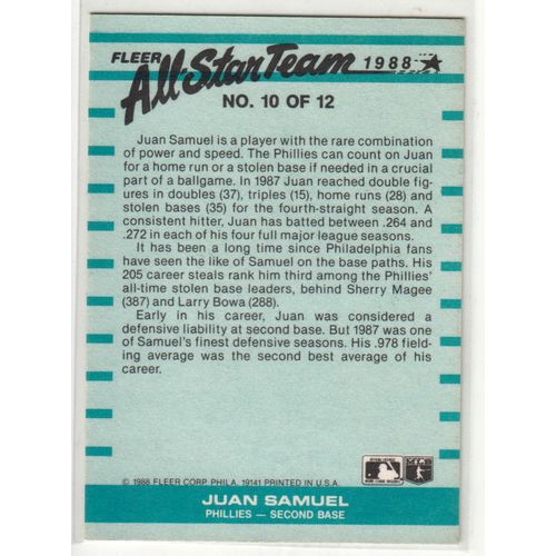 1988 Fleer All Star Team insert baseball card #10 Juan Samuel - Phillies