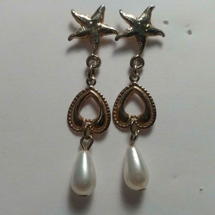Star Fish Earrings Faux Pearl Teardrop Dangle Pierced Earrings 1-7/8"