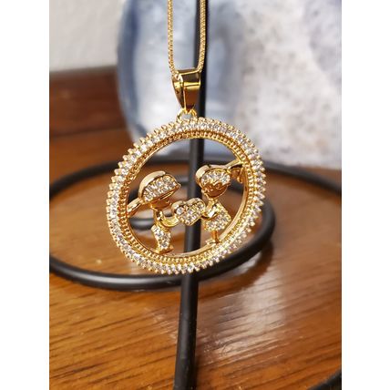 Mother's Day Necklace - Boy & Girl Holding Heart in Circle of CZ