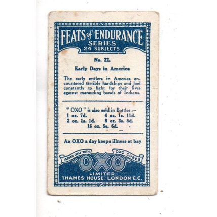 OXO FEATS OF ENDURANCE TRADE CARD 1926 NUMBER 22 EARLY DAYS IN AMERICA