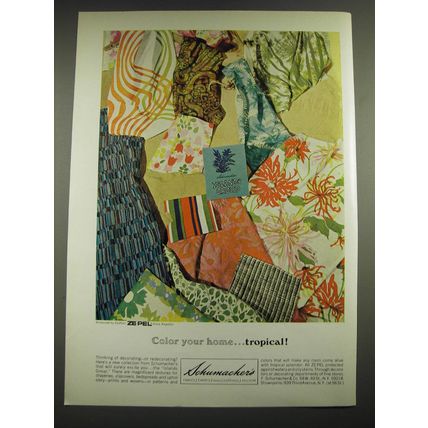 1968 Schumacher's Islands Group Fabrics Ad - Color your home Tropical